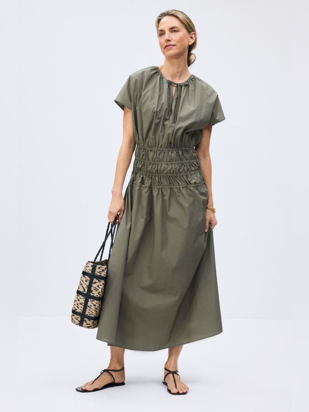 Ellen Tracy Olive Green Smocked-Waist Maxi Dress